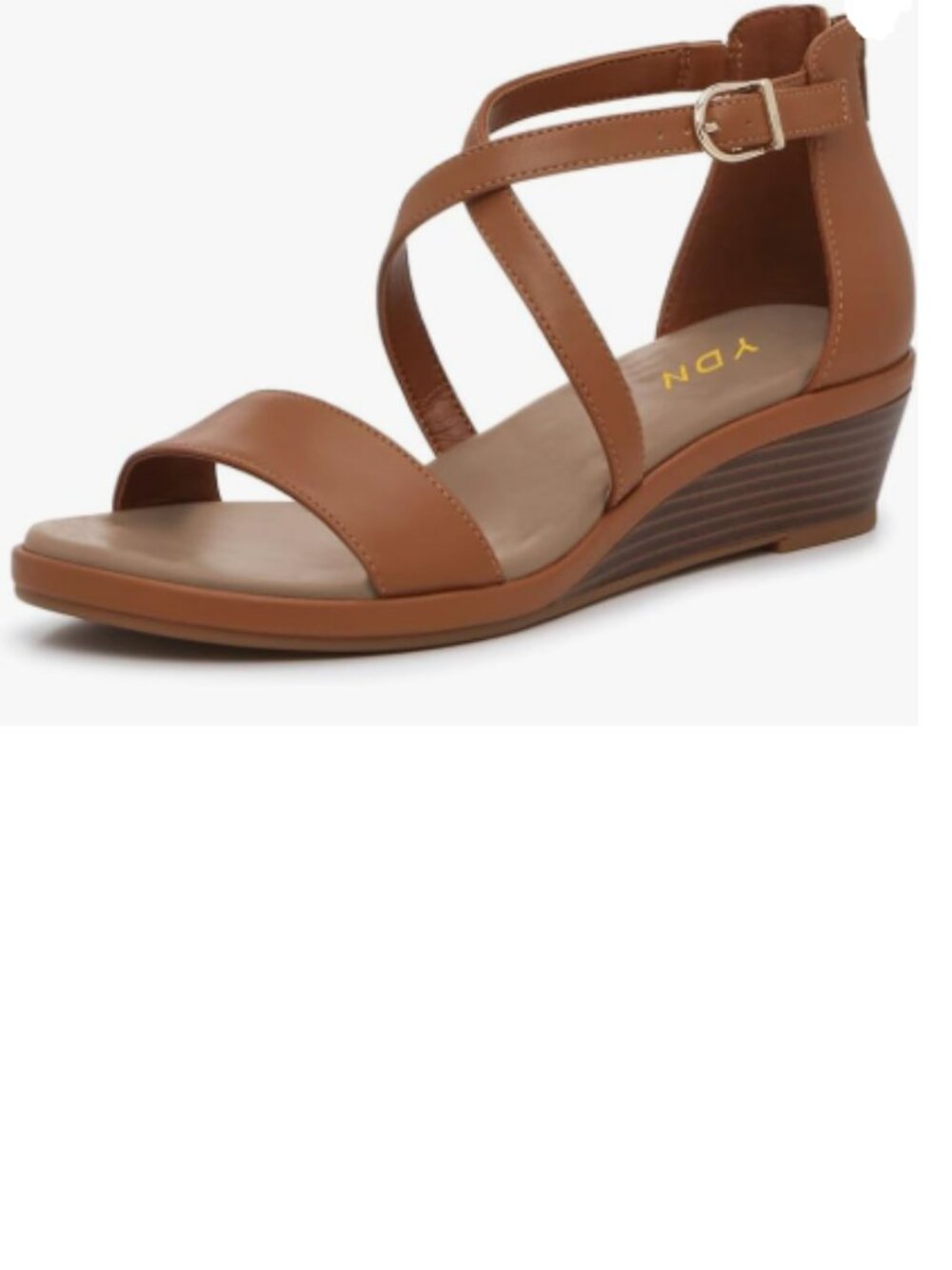 YDN Brown Cross Strap Sandals Wedge Mid Heels Open Round Toe Back Zip Shoes